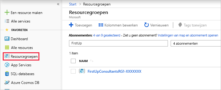 Schermopname van Azure Portal waarin wordt getoond hoe u naar resourcegroepen kunt zoeken.