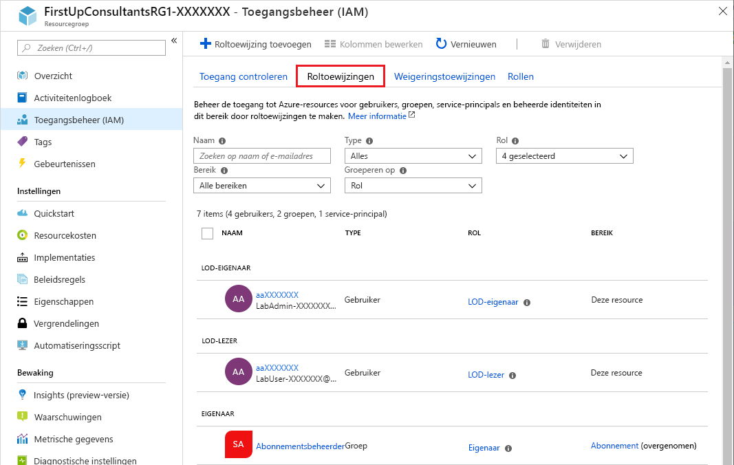 Screenshot showing Role assignments tab for the selected resource group.