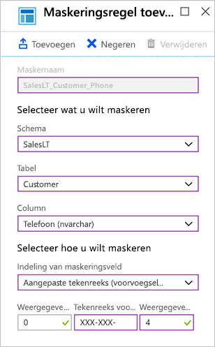 Schermopname van Azure Portal waarin de waarden te zien zijn voor het toevoegen van een maskeringsregel.