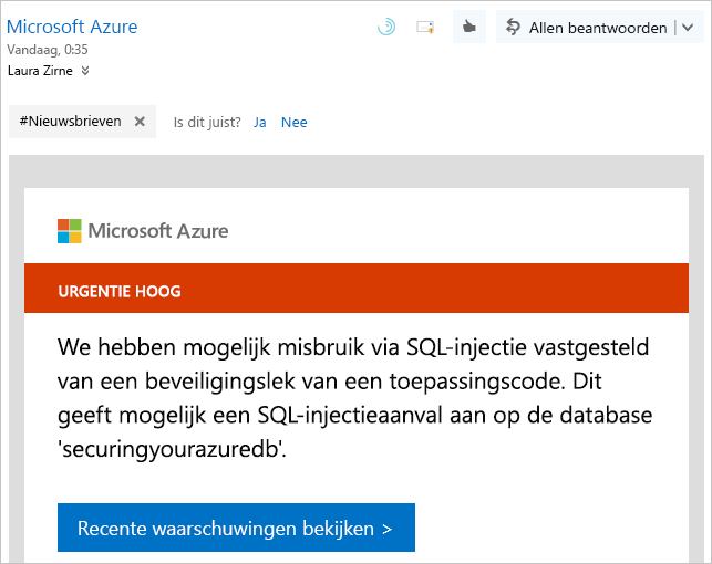 Schermopname van een voorbeeldmeldingswaarschuwing van Microsoft Defender voor Cloud.