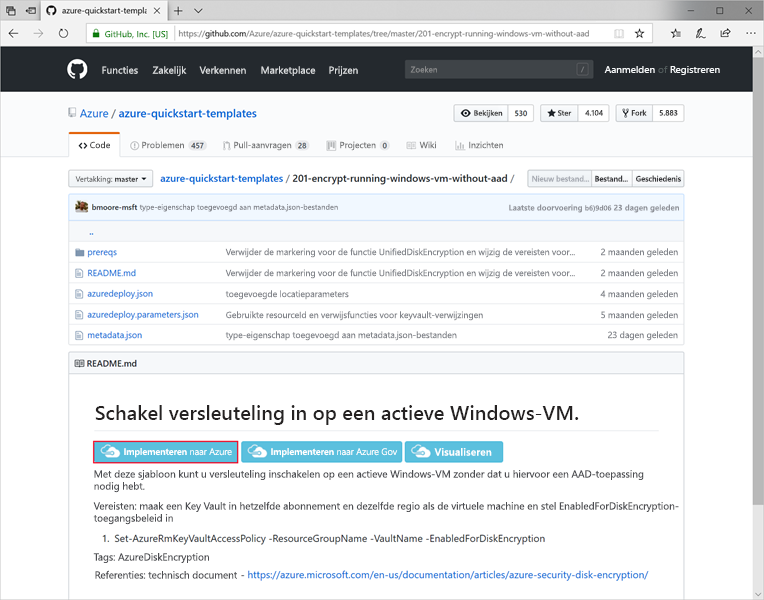 Schermopname van een GitHub-sjabloon met de knop Implementeren in Azure gemarkeerd.