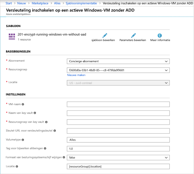 Schermopname van de sjabloon in Azure Portal.