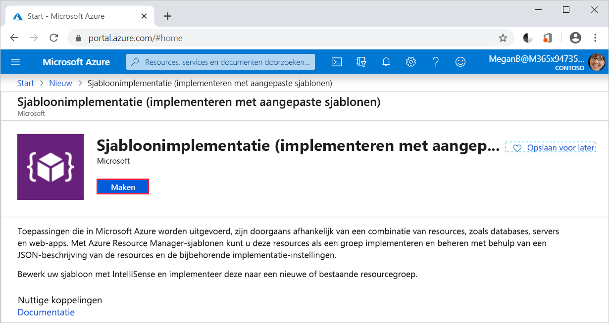 Schermopname van het item Sjabloonimplementatie geselecteerd met de knop Maken gemarkeerd.