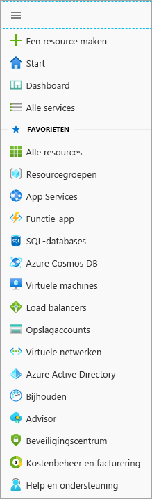 Schermopname van het portalmenu en Favorieten in Azure Portal.