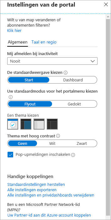 Schermopname van het deelvenster Azure Portal-instellingen.