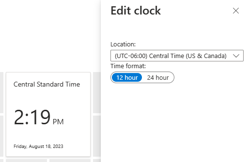 Schermopname van de klokinstellingen bewerken voor de tegel Klok in Azure Portal.