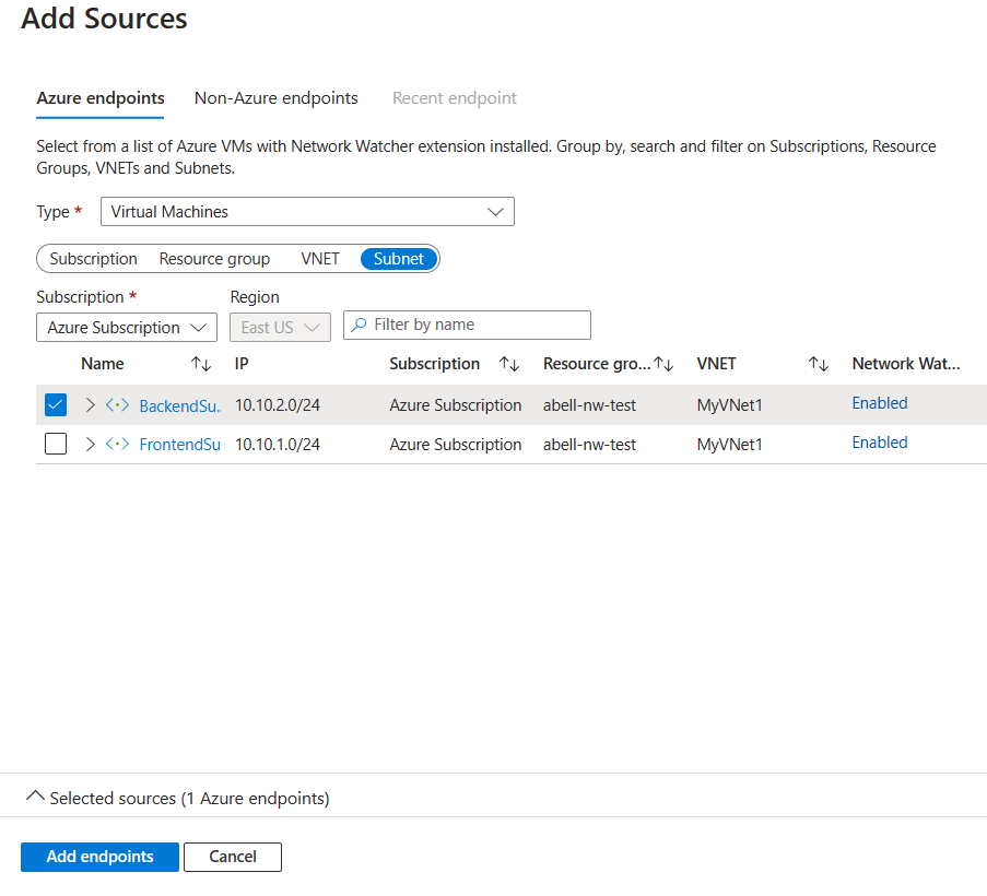 Schermopname van het inschakelen van het back-endsubnet van Network Watcher.