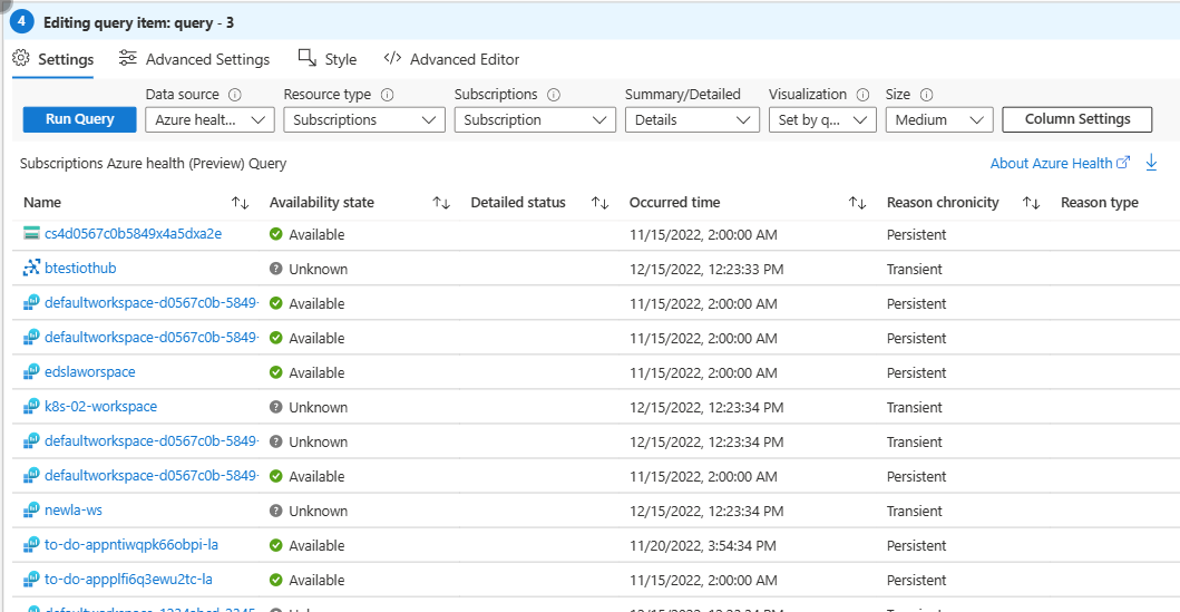 Schermopname van een resourcestatusquery in Azure-werkmappen.