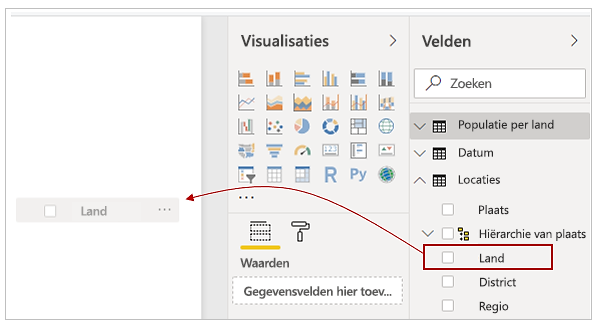 Sleep het veld Land op het canvas om een weergave te maken.