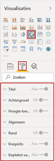 Afbeelding van een visuele knop in het deelvenster Visualisaties en de opmaakopties ervan.