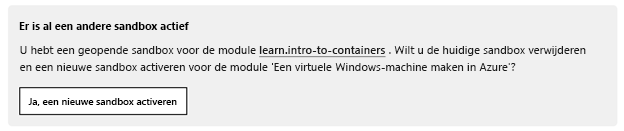 Melding dat een andere sandbox actief is, met daarin een knop om een nieuwe sandbox te activeren.