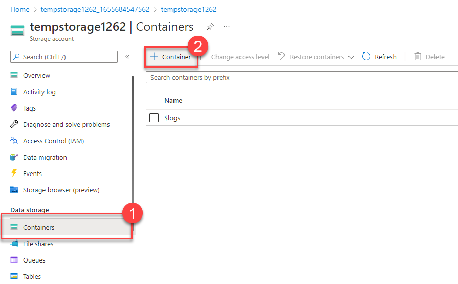 Schermopname van de sectie Container toevoegen van een opslagaccount.