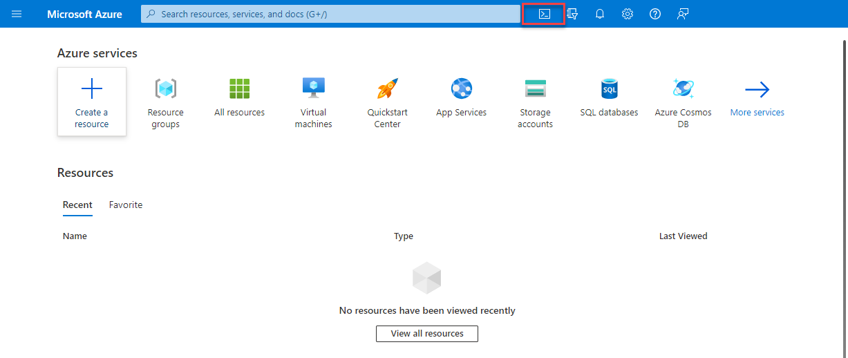 Screenshot of the Azure portal with the Cloud Shell icon emphasized.