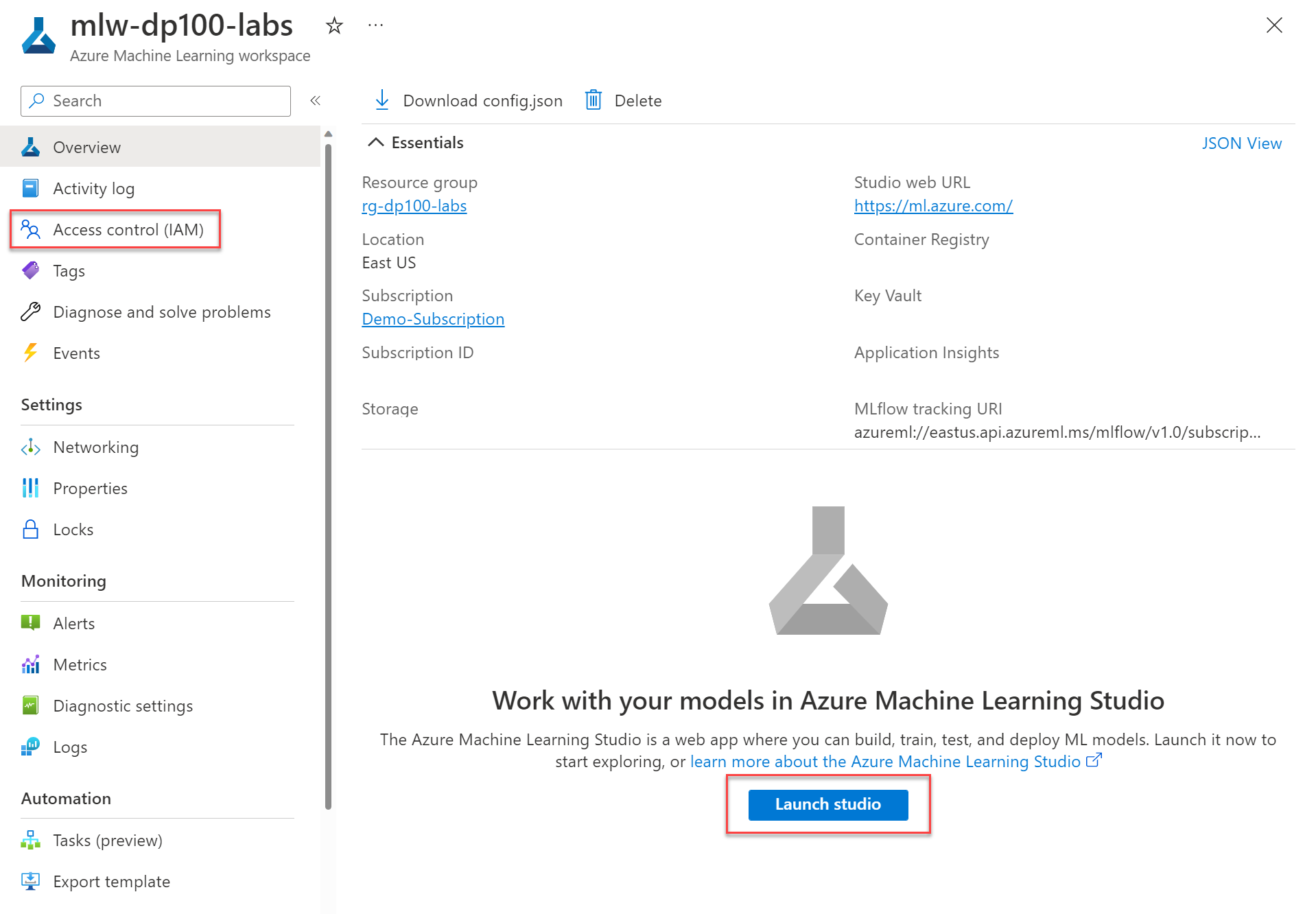 Schermopname van de overzichtspagina van de Azure Machine Learning-werkruimte in Azure Portal.