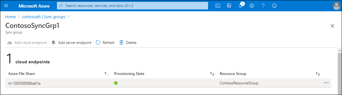 Een schermopname van de pagina ContosoSyncGrp1 in Azure Portal. Eén cloudeindpunt bevat de naam van de Azure-bestandsshare en de resourcegroep.