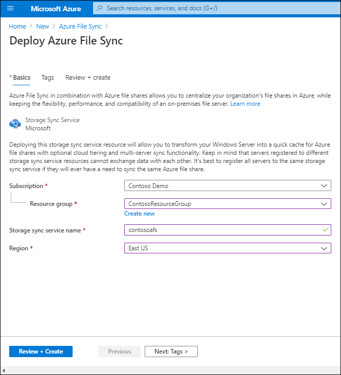 Een schermopname van de pagina Azure File Sync implementeren in Azure Portal. De naam van de resourcegroep is ContosoResourceGroup, de naam van de opslagsynchronisatieservice is contosoafs en de regio is EastUS.