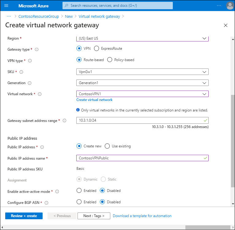 Een schermopname van de pagina Een gateway voor een virtueel netwerk maken. De beheerder heeft het adresbereik van het gatewaysubnet (10.3.1.0/24) geselecteerd en heeft gekozen voor het maken van een nieuw openbaar IP-adres met de naam ContosoVPNPublic. Andere opties zijn uitgeschakeld..