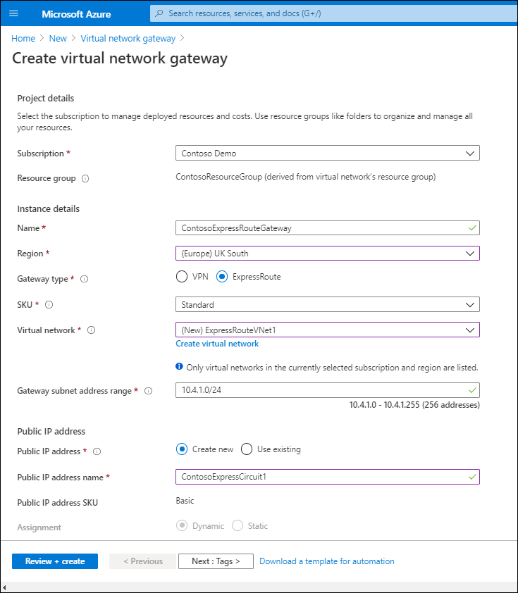 Een schermopname van de blade Virtuele netwerkgateway maken. De beheerder heeft de waarden geconfigureerd die in de voorgaande tekst worden beschreven.