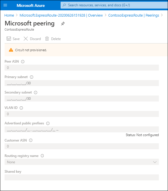 Een schermopname van de blade Microsoft-peering. Er kunnen geen waarden worden geconfigureerd omdat het circuit niet is ingericht. Configureerbare waarden zijn echter zoals eerder beschreven.