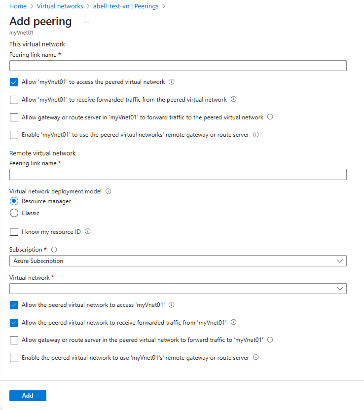 Schermopname van de configuratiepagina voor peering van virtuele netwerken.