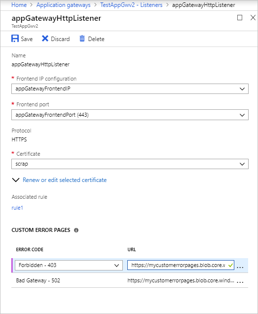 Schermopname van de application gateway-listenerconfiguratie.