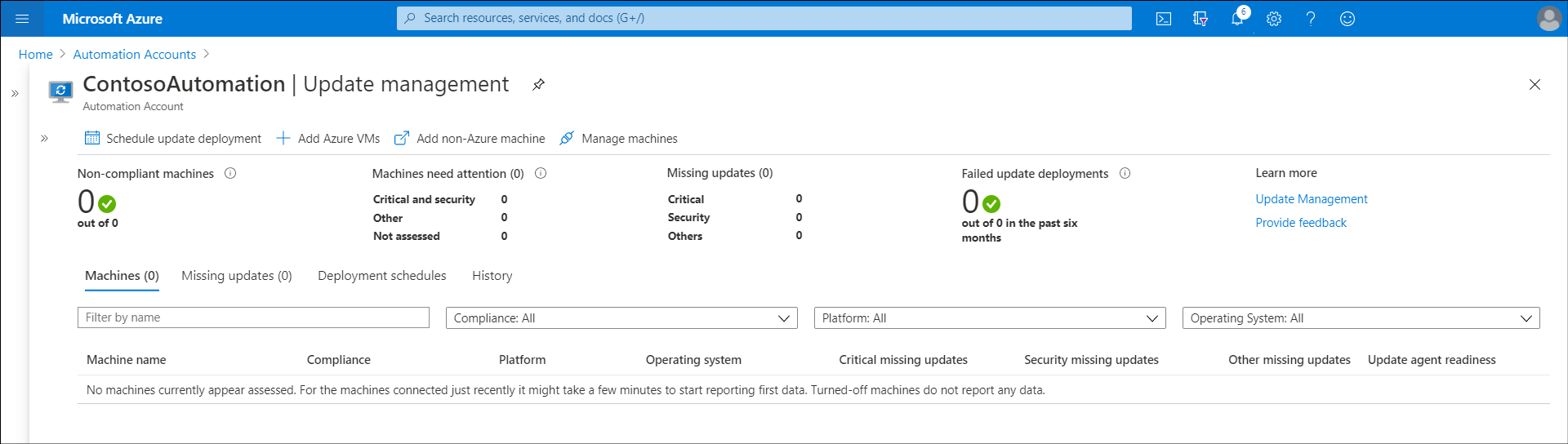 Een schermopname van de blade Updatebeheer van Azure Portal. De beheerder heeft Updatebeheer ingeschakeld, maar er zijn nog geen servers onboarding uitgevoerd.