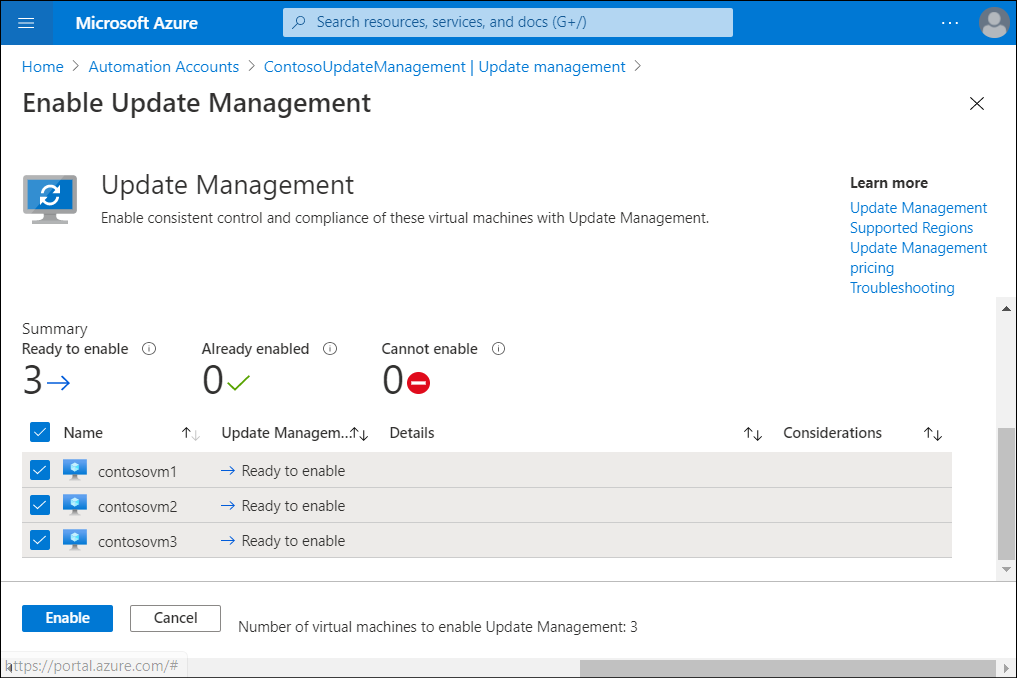 In een schermopname wordt de blade Updatebeheer inschakelen van Azure Portal weergegeven. De beheerder heeft drie VM's geselecteerd voor onboarding.