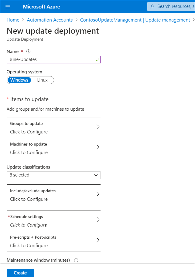 Een schermopname van de blade Nieuwe update-implementatie in Azure Portal. De beheerder voegt een nieuwe update toe met de naam Juni-Updates.