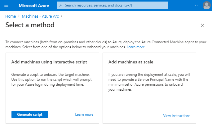 Een schermopname van de pagina Een methode selecteren van het knooppunt Azure Arc Machines. Er zijn twee opties beschikbaar: Machines toevoegen met behulp van een interactief script en machines op schaal toevoegen.