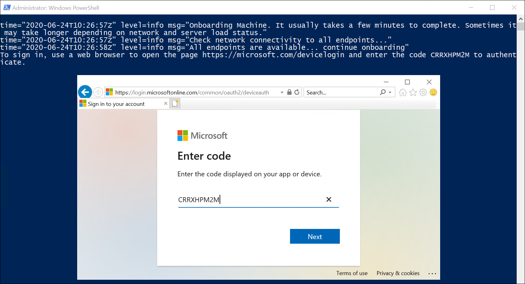 Een schermopname van het venster Administrator: Windows PowerShell met het installatiescript dat wordt uitgevoerd. De beheerder voert een beveiligingscode in om te bevestigen dat ze de computer willen onboarden.