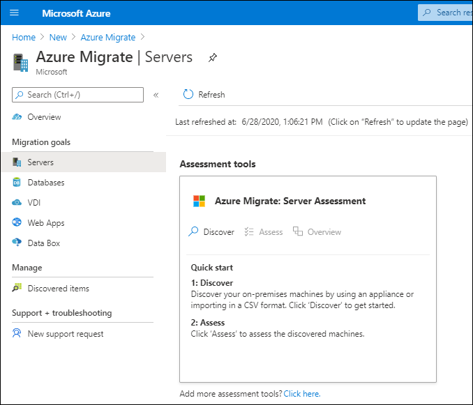 Een schermopname van Azure Portal. De beheerder heeft Azure Migrate toegevoegd en het hulpprogramma Azure Migrate: ServerEvaluatie geselecteerd.