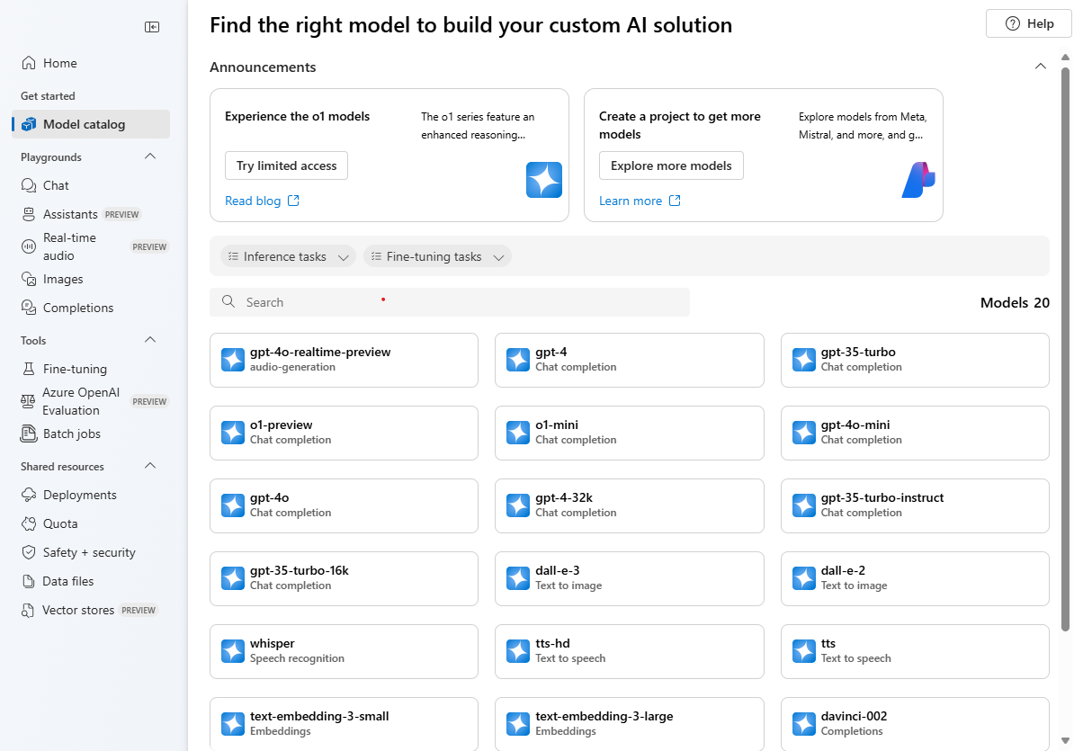 Schermopname van de out-of-the-box ai-modellen van de Azure AI Foundry-portal.