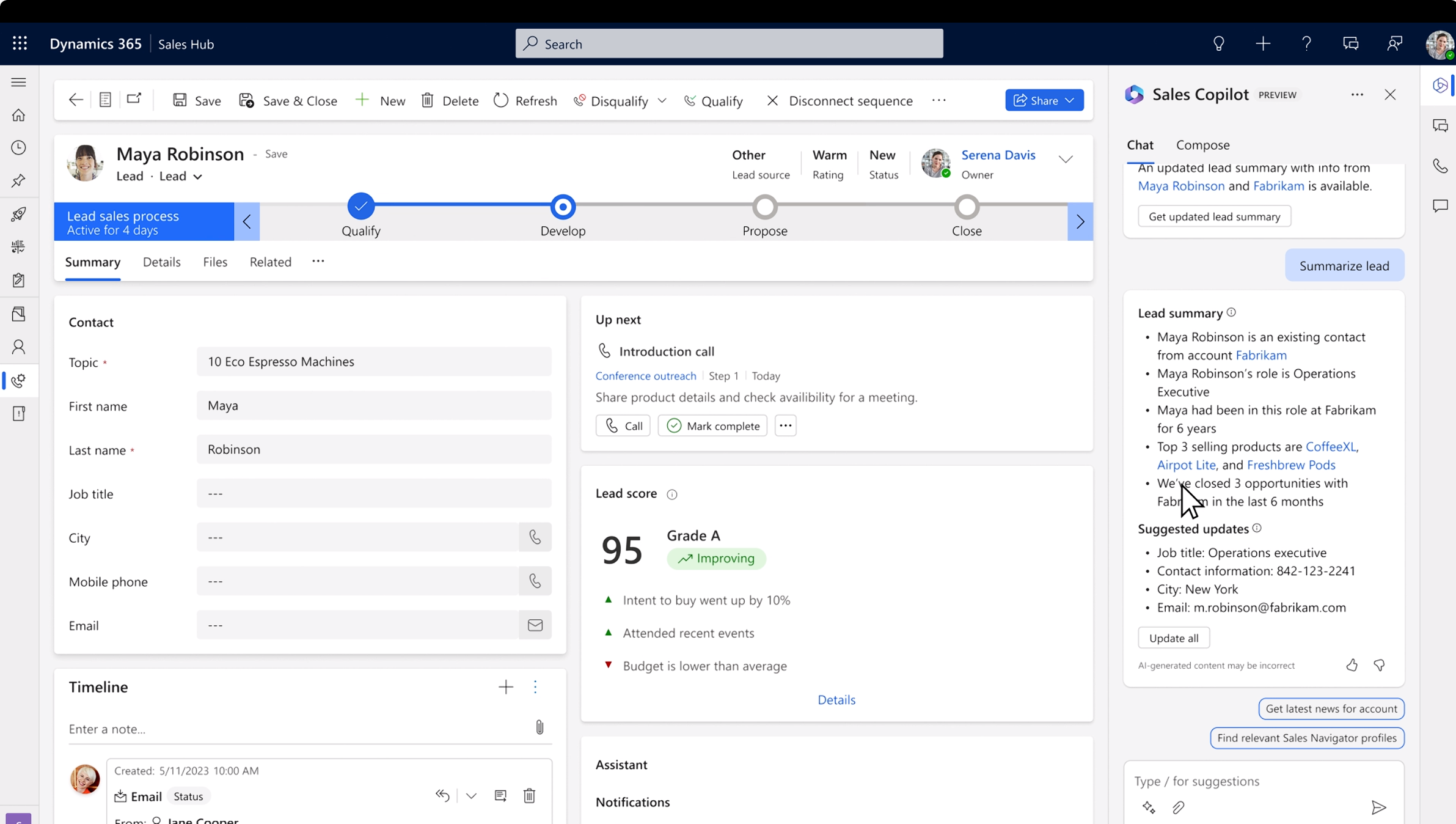 Schermopname van Copilot voor Dynamics 365 Sales.