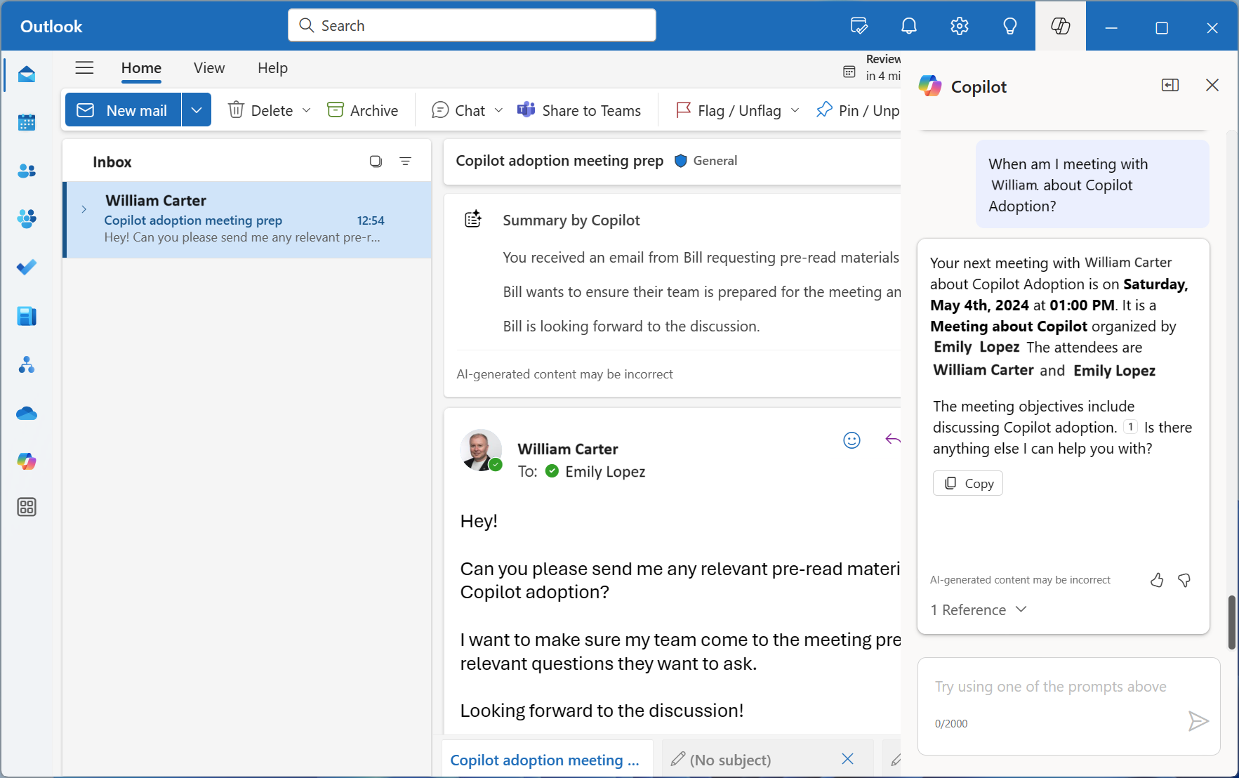 Schermopname van Microsoft Copilot voor Microsoft 365 met een voorbeeld in Outlook.