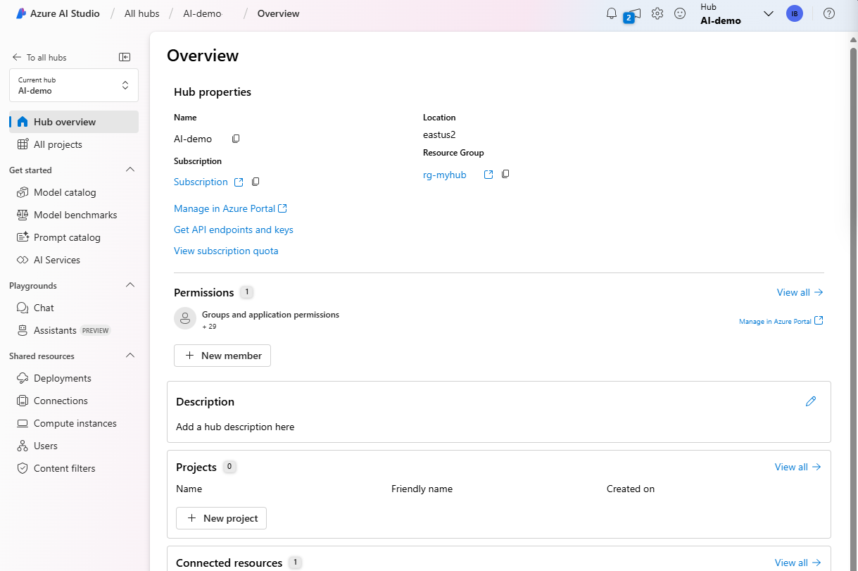 Schermopname van een AI-hub in Azure AI Studio.