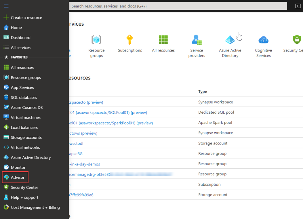 Toegang tot Advisor in Azure Portal.