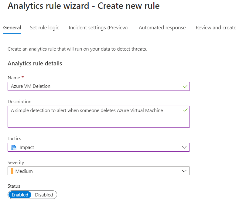 Schermopname van wizard Analytische regel - Nieuwe regel maken.