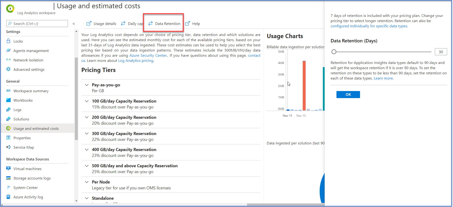 Screenshot of setting the data retention.