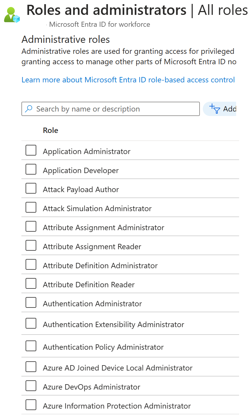 Schermopname van het scherm Rollen en beheerders in Microsoft Entra ID. Lijst met rollen die kunnen worden toegepast.