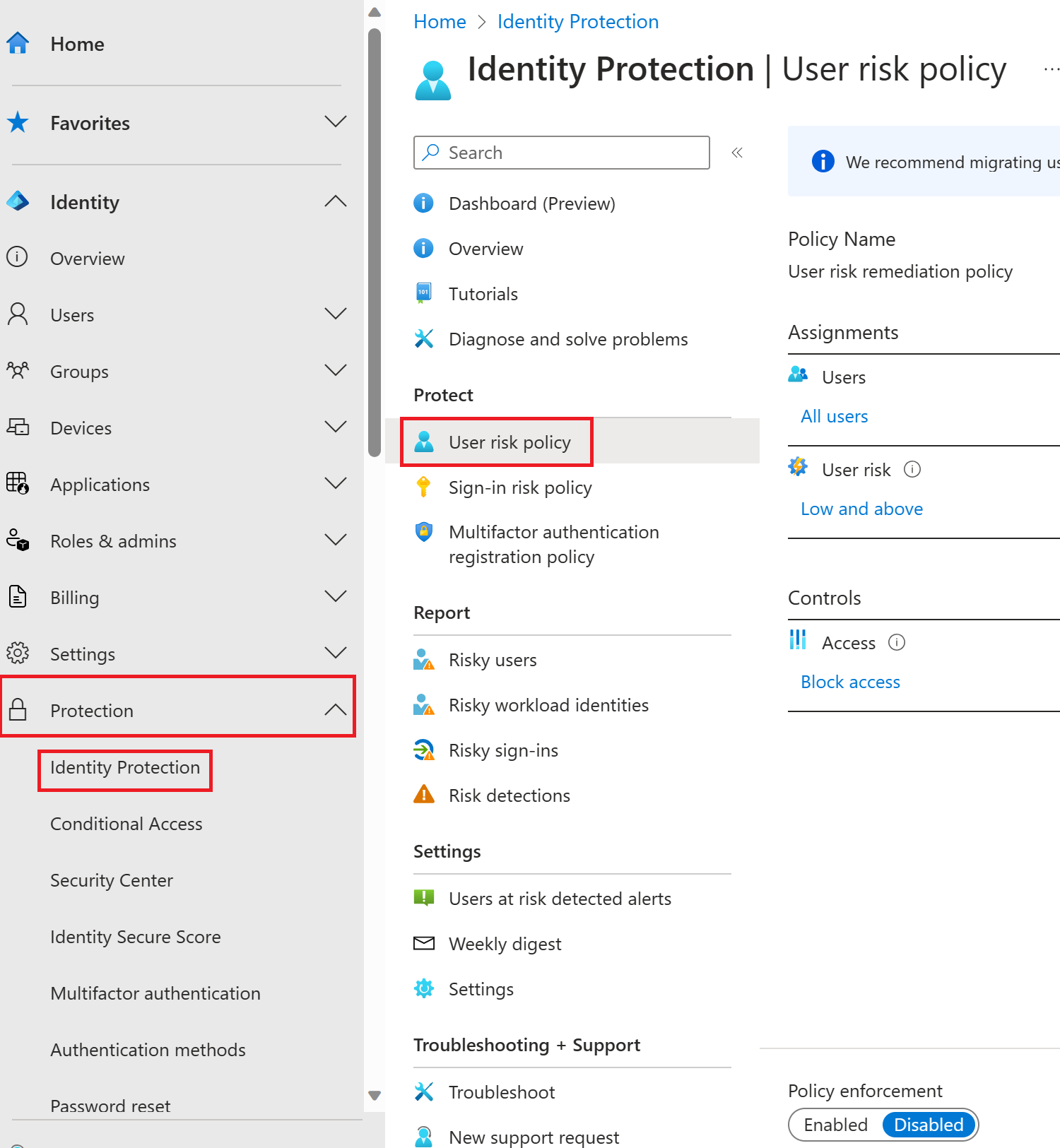 Screenshot of the User risk policy page and highlighted browsing path.