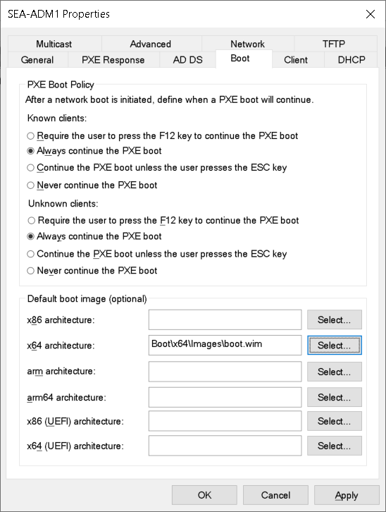 Een schermopname van het dialoogvenster SEA-ADM1-eigenschappen in Windows Deployment Services. De beheerder heeft het tabblad Opstarten geselecteerd. De optie Altijd doorgaan met PXE opstarten is geselecteerd en de opstartinstallatiekopie van de x64-architectuur is boot.wim.