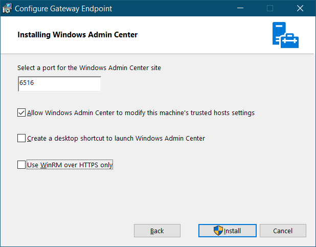 Een schermopname van de installatie van het Windows-beheercentrum. De beheerder heeft de standaardpoort 6516 geaccepteerd en de optie om Windows Admin Center toe te staan de instellingen van de vertrouwde host van de lokale computer te wijzigen.