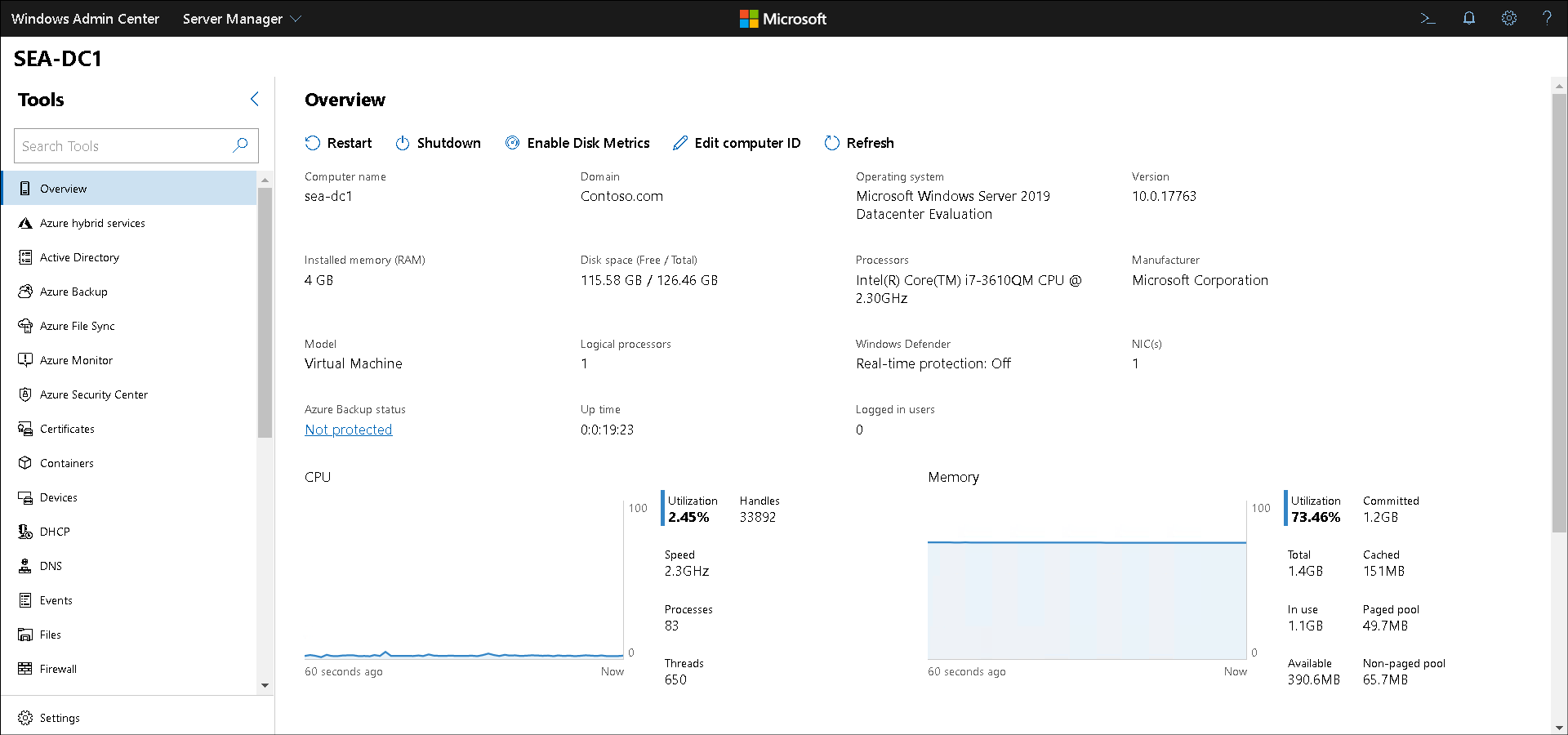 Een schermopname van het Windows-beheercentrum. De beheerder heeft Serverbeheer geselecteerd. Het deelvenster Overzicht voor een server met de naam SEA-DC1 wordt weergegeven.