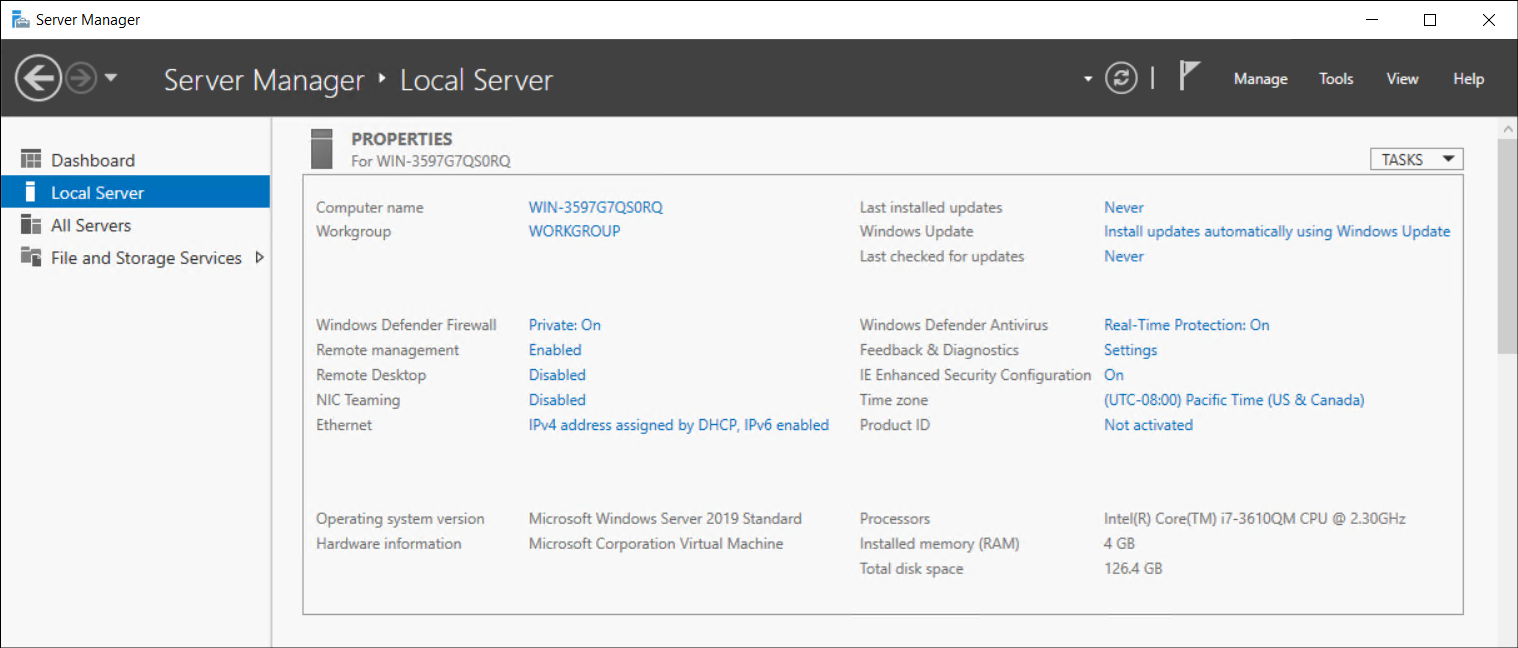 A screenshot of the Local Server pane in Server Manager. Displayed are the options that must be configured, as described in the preceding section of this unit.