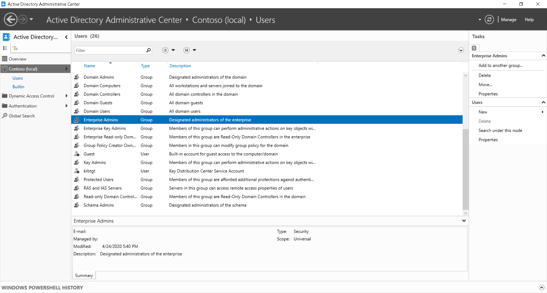 Een schermopname van het Active Directory-beheercentrum. De beheerder heeft de groep Ondernemingsadministrators geselecteerd in Contoso (lokaal)\Gebruikers. Ook weergegeven zijn andere groepen in de map Gebruikers.