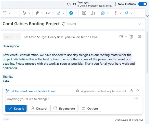 Screenshot of a draft email generated by Copilot in Outlook.