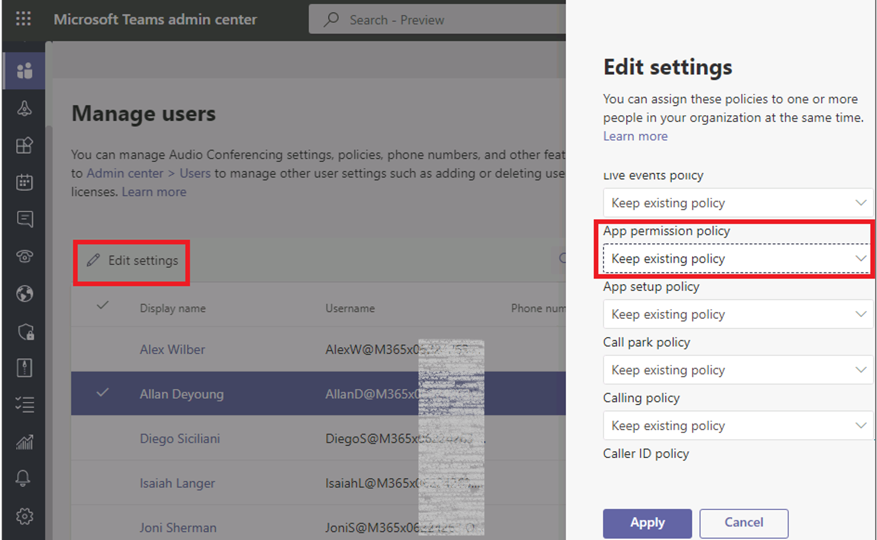  Screenshot of assigning an app permission policy to a user.