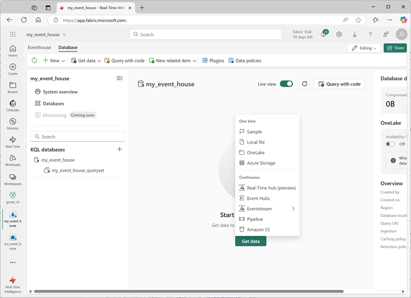 Schermopname van het menu Gegevens ophalen voor een eventhouse in Microsoft Fabric.