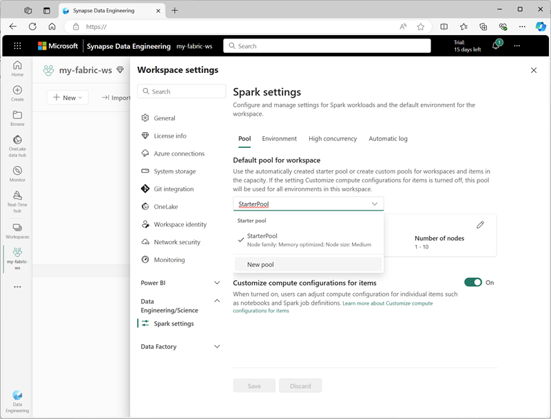 Schermopname van de pagina Spark-instellingen in Microsoft Fabric.