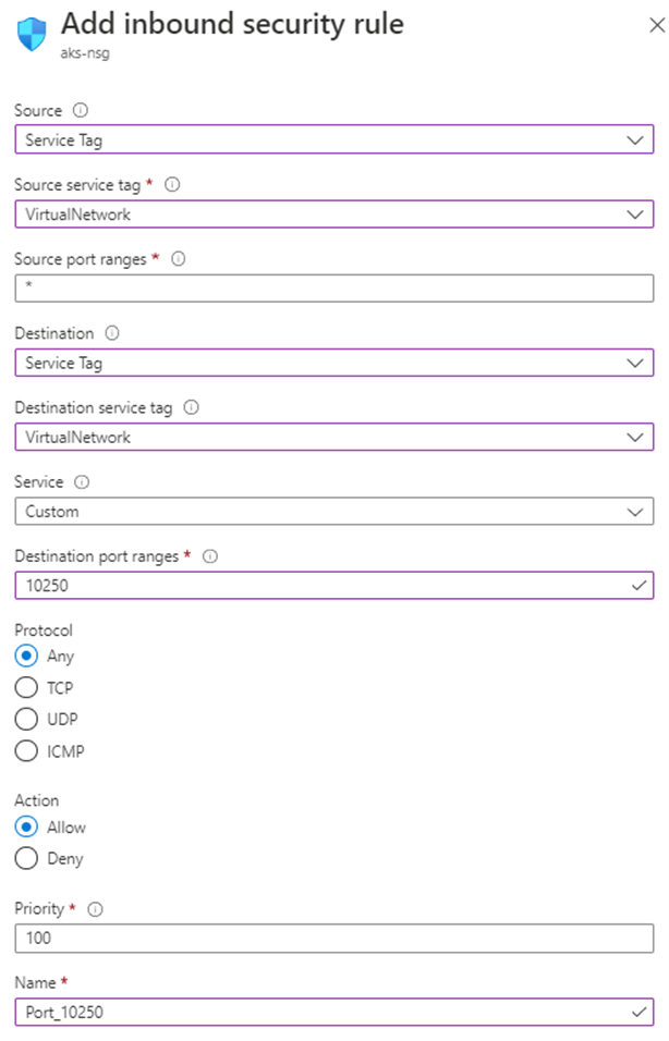 Schermopname van het deelvenster Binnenkomende beveiligingsregels toevoegen in Azure Portal. Het vak Poortbereiken van doel is ingesteld op 10250 voor de nieuwe beveiligingsregel.